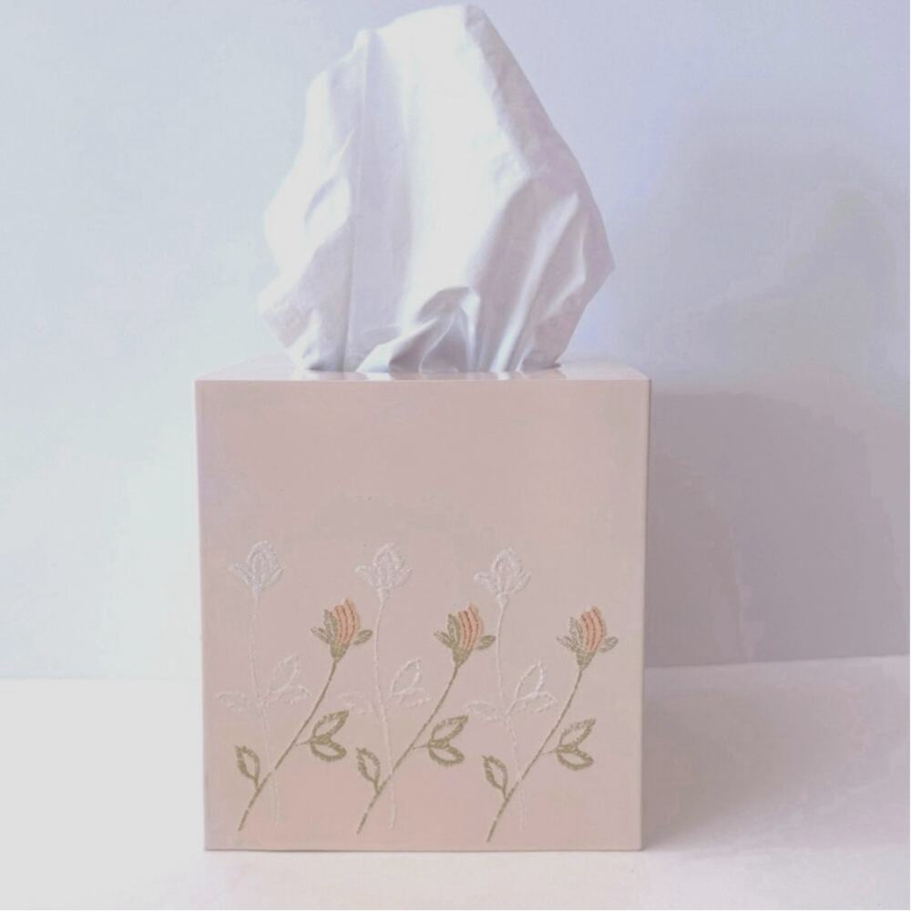 Vintage Plastic Tissue Box Cover Pink Peach Raised Orange White Flowers Japan 5”